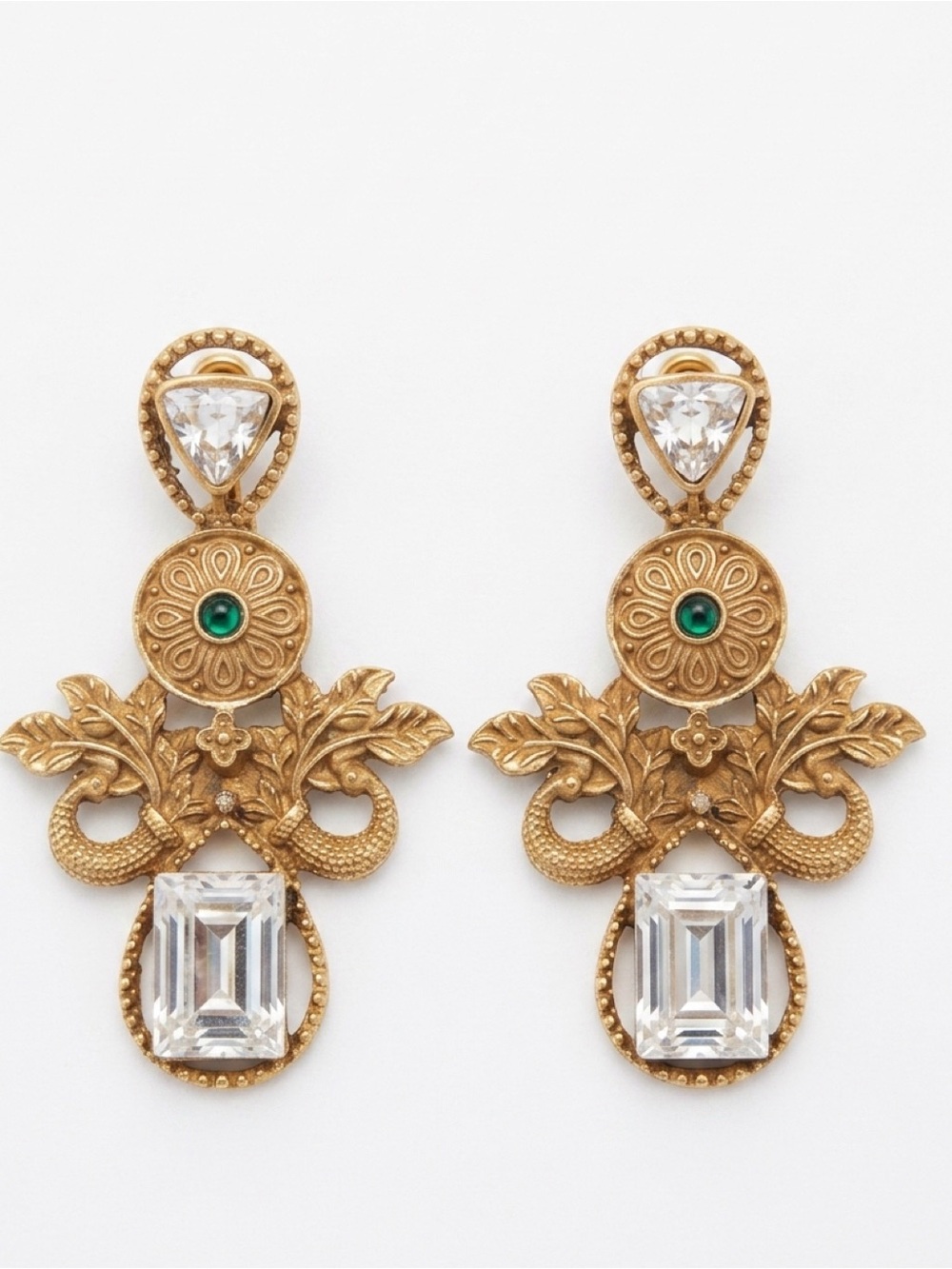 Vintage-Inspired Gold Tone Green Crystal Drop Earrings